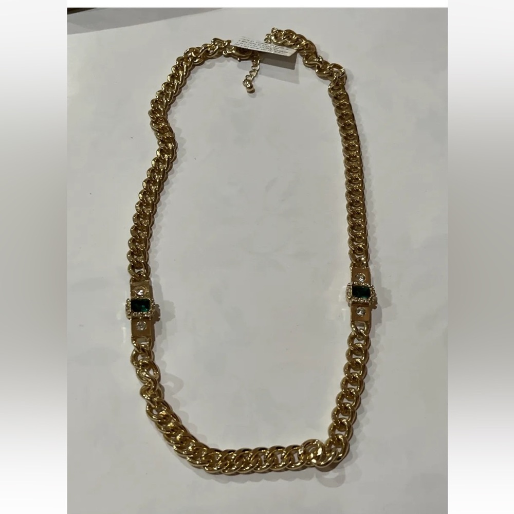 Gold tone curb chain necklace with green and white crystals. 21-25” long HSN JTV